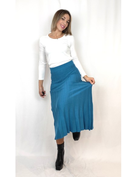 Falda Midi de Punto Plisada Azul | karaesmoda.es