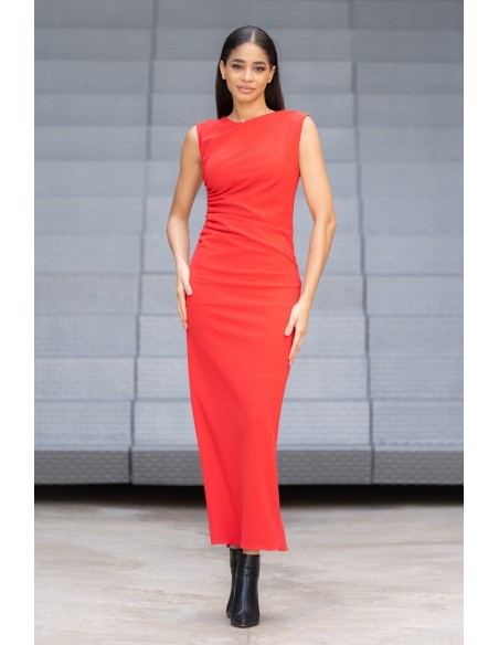 Vestido Drapeado Rojo Corte Midi | karaesmoda.es