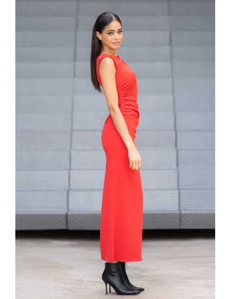 Vestido Drapeado Rojo Corte Midi | karaesmoda.es