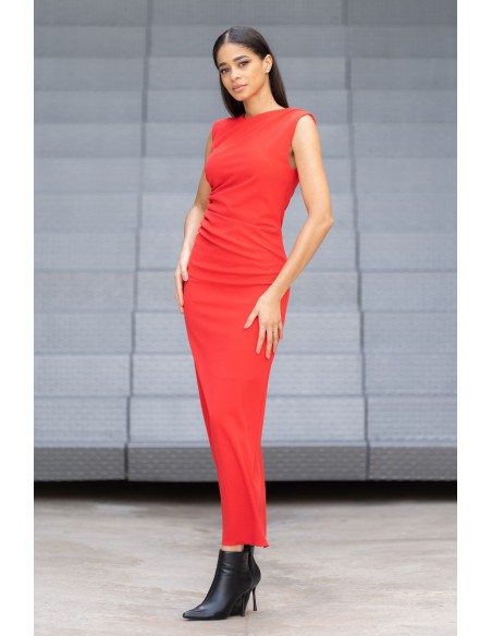Vestido Drapeado Rojo Corte Midi | karaesmoda.es